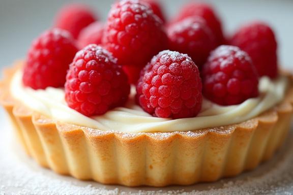 En lekker bringebærterte med fersk vaniljekrem.