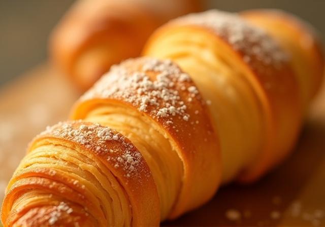 Nærbilde av en flakete og gyllen croissant.