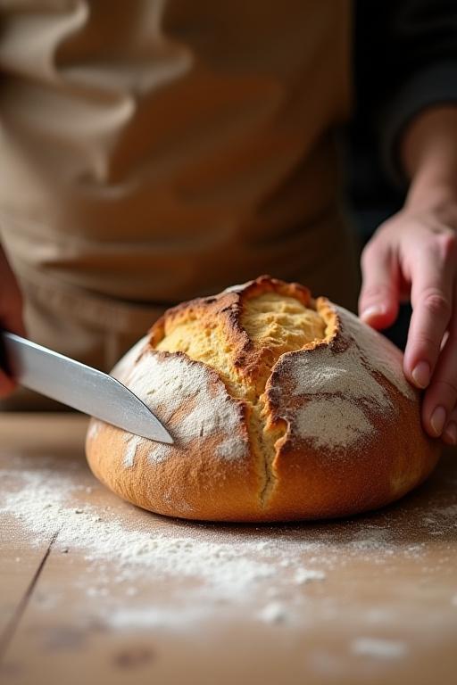 En baker skjærer i et nybakt surdeigsbrød.
