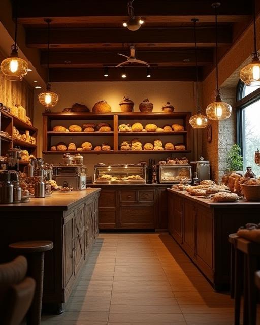 Interiøret i Tidevann Bakeri, som viser en rustikk og koselig atmosfære.